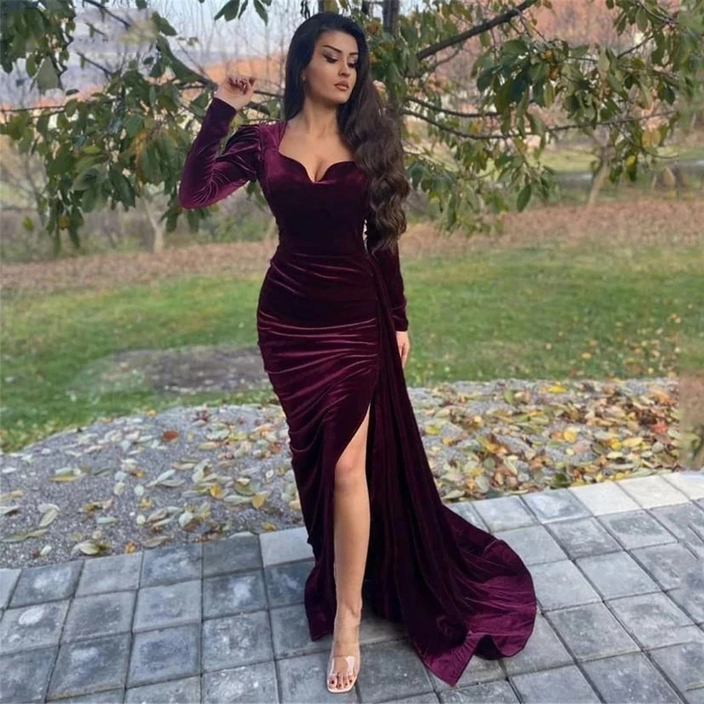 Arabic Mermaid Prom Dresses High Side Split Long Sleeve Velvet A Line Floor-Length Formal Evening Party Gowns Vestidos De Fiesta long formal dresses