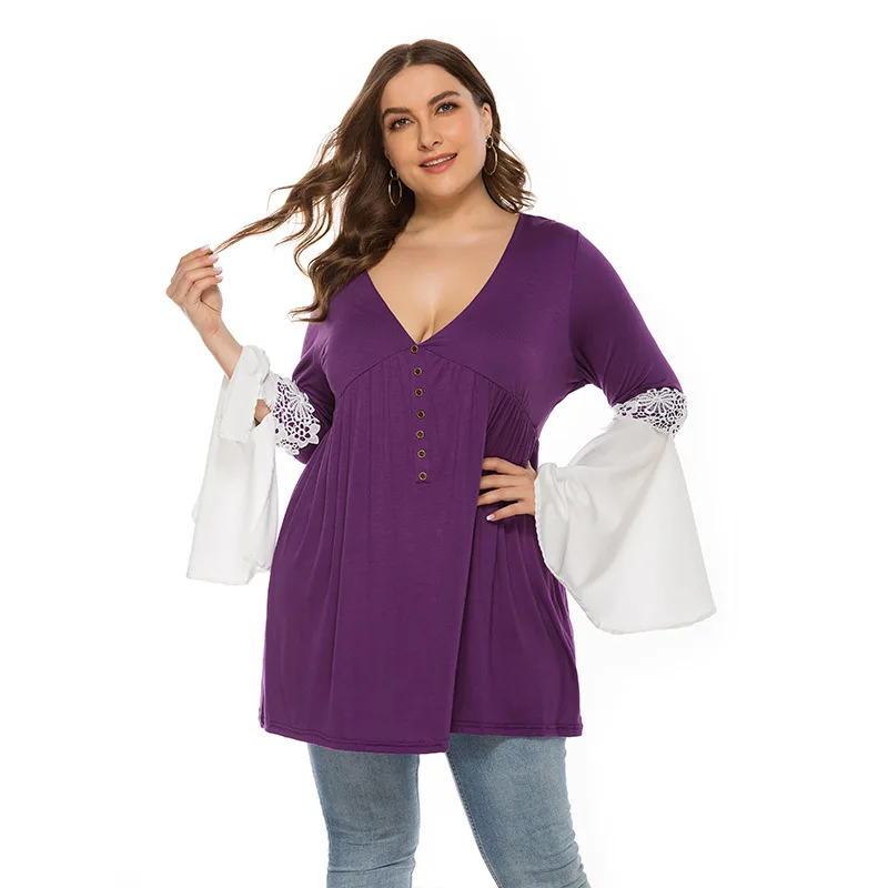 

Christian Shirt Women Loose PrintingAutumn Plus Size Top V Neck Button Stitching Horn Chiffon Sleeve Long Women's T Shirt New