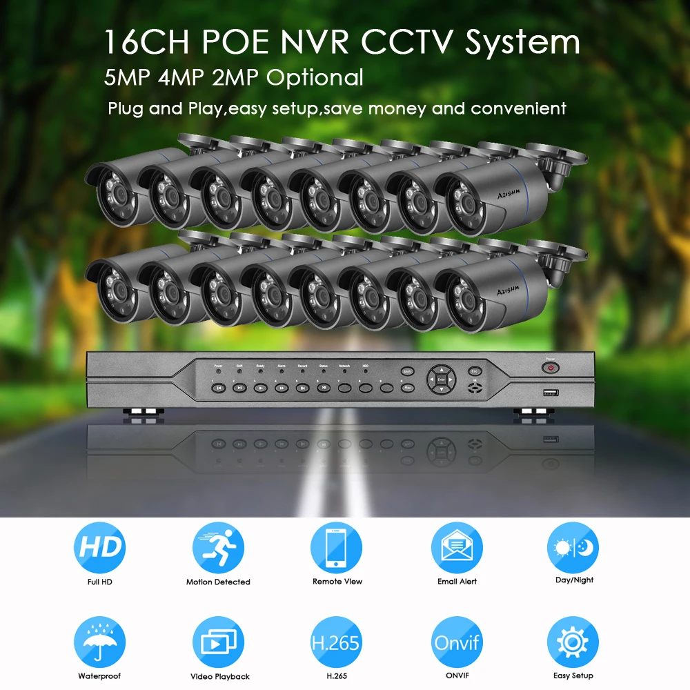  AZISHN 16CH 5MP PoE NVR Sistema di Sicurezza H.265 HD 5MP 4MP 2MP Outdoor PoE IP Macchina Fotografi