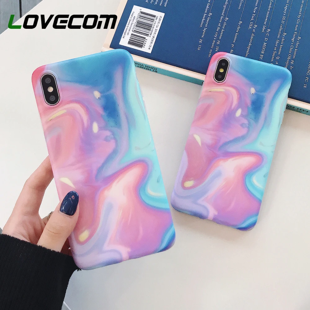 

LOVECOM Phone Case For iPhone XR XS Max 6 6S 7 8 Plus X Vintage Gradual Varicolored Marble Soft IMD Glossy Back Cover Coque Gift