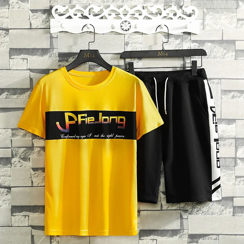 

Men Sets Brand New 2020 Summer Men's Casual Tracksuit Print Leeter Clothes T-Shirts+Shorts 2PCS Male Loose Streetwear Sport Suit