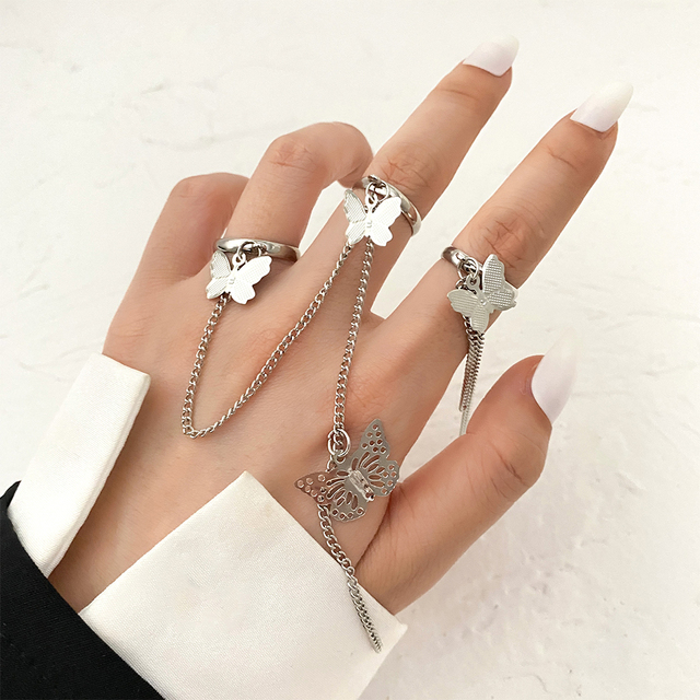 Punk Gold Color Long Chain Butterfly Shape Ring for Women Girls Fashion Hiphop Rings Party Jewelry Gift
