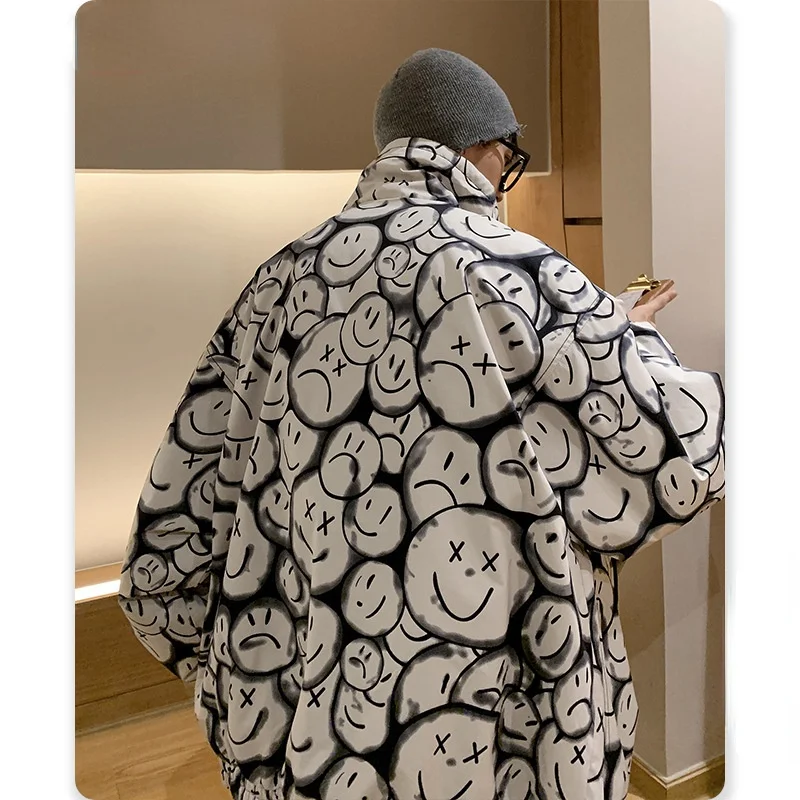 2021 Hip Hop Jacket Parka Korean Streetwear Men Windbreaker Harajuku Winter Padded Jacket Male Cartoon Printed Coat Thin Outwear 2