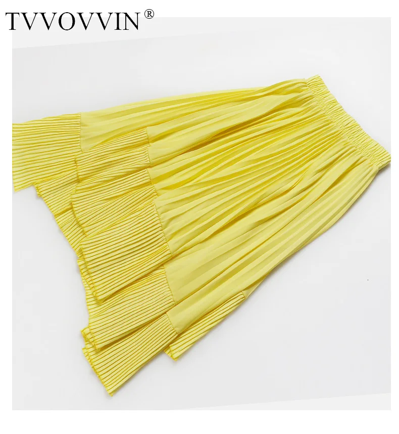 TVVOVVIN Solid Candy Color Heavy Crimp Irregular Cut Out Patchwork Elastic Waist Long Fund Half-body Mid-Calf Skirt ZX120