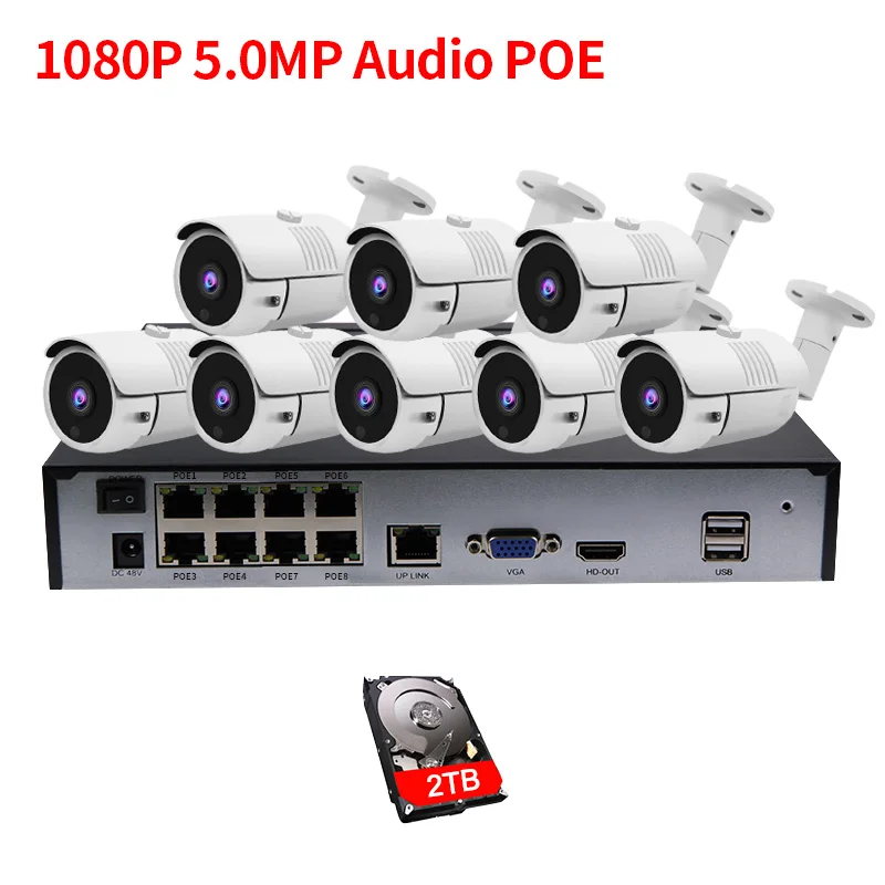 Система видеонаблюдения H.265 8 каналов 5 МП 4 POE IP камеры с записью звука
