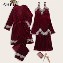 SHEIN однотонная контрастная кружевная бархатная Ночная рубашка на бретельках с пижамным комплектом и поясом халат, женская одежда для сна Весенняя эластичная Повседневная Ночная рубашка