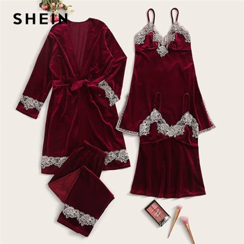 

SHEIN Solid Contrast Lace Velvet Cami Nightdress With PJ Set And Belted Robe Women Sleepwear Spring Stretchy Casual Nightwear
