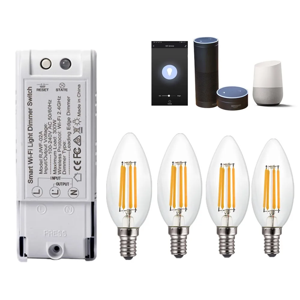 

4PCS AC220V E14 4W Dimmable COB LED Candle Light Bulb Smart WiFi Dimmer Light Switch Work With Amazon Alexa