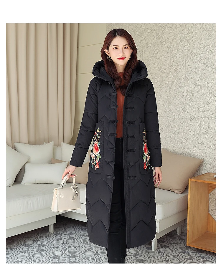 Trytree/зимнее женское повседневное пальто с капюшоном, с вышитыми цветочными карманами, однобортное, 5 цветов, плотное пальто, длинное пальто до середины икры