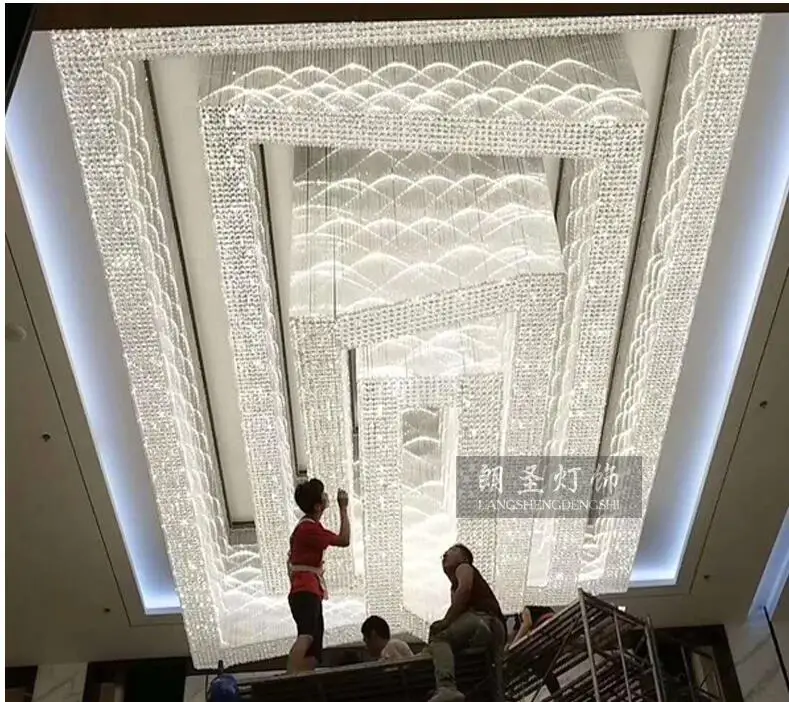 Led Large Ceiling Hotel Lobby Rectangular Crystal Lamp Sales Department Lobby Project Crystal Ceiling Ballroom Club