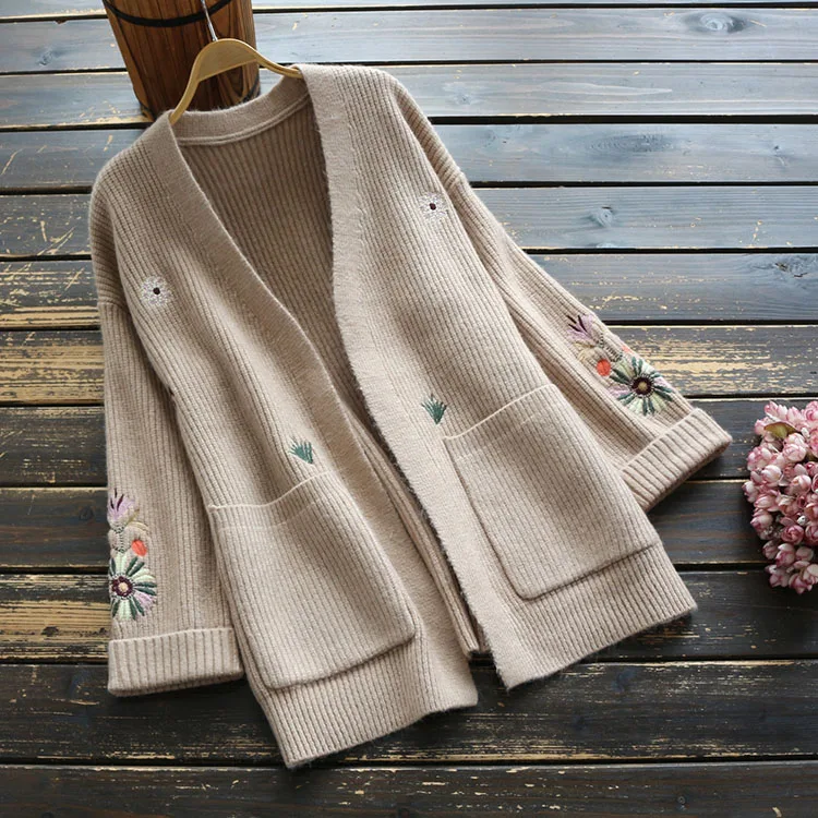 Винтажный женский свитер Хлопковый вязаный кардиган с вышивкой свите с длинными рукавами осеннее модное Свободное пальто YoYiKamomo