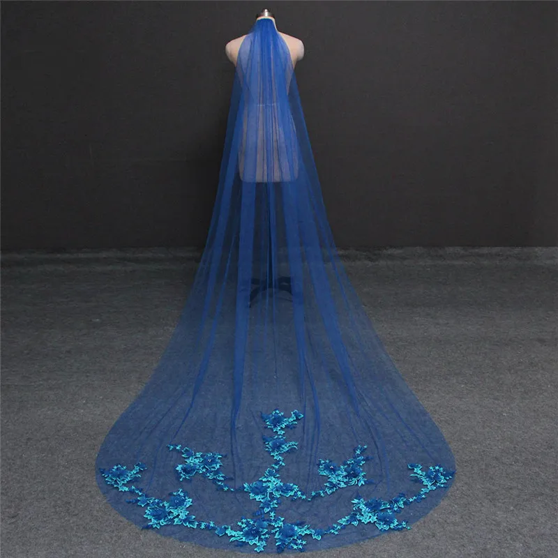 Королевская голубая свадебная вуаль длиной 3 метра с жемчугом, Цветочная аппликация, вуаль невесты с гребнем, однослойная синяя вуаль, свадебные аксессуары - Цвет: Royal Blue