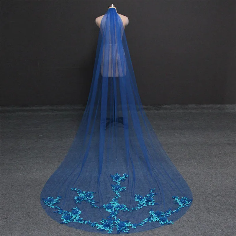 Royal Blue Королевская голубая свадебная вуаль длиной 3 метра с жемчугом, Цветочная аппликация, вуаль невесты с гребнем, однослойная синяя вуаль, свадебные аксессуары - Цвет: Royal Blue