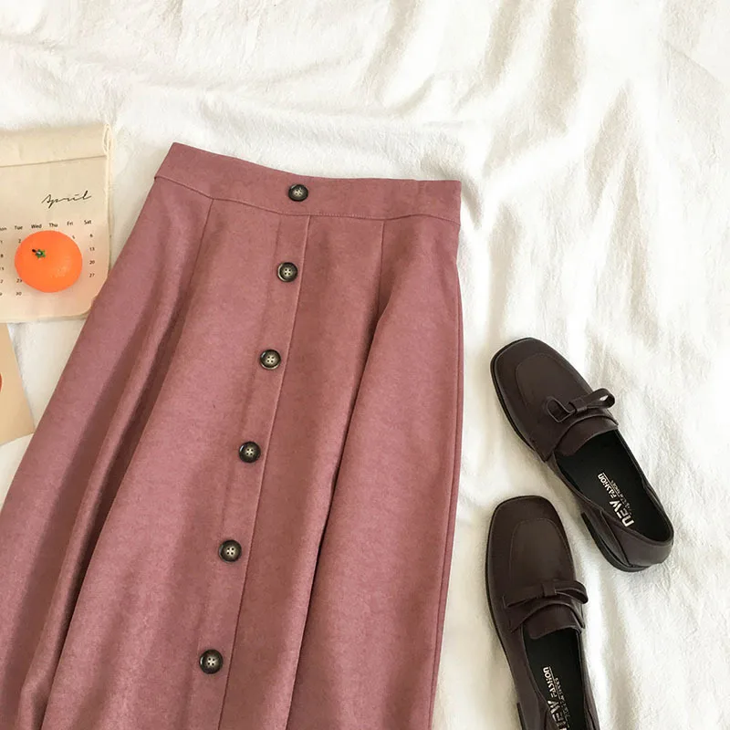 Осенне-зимняя женская винтажная элегантная юбка, Женская эластичная ретро юбка с высокой талией и пуговицами, женские повседневные юбки