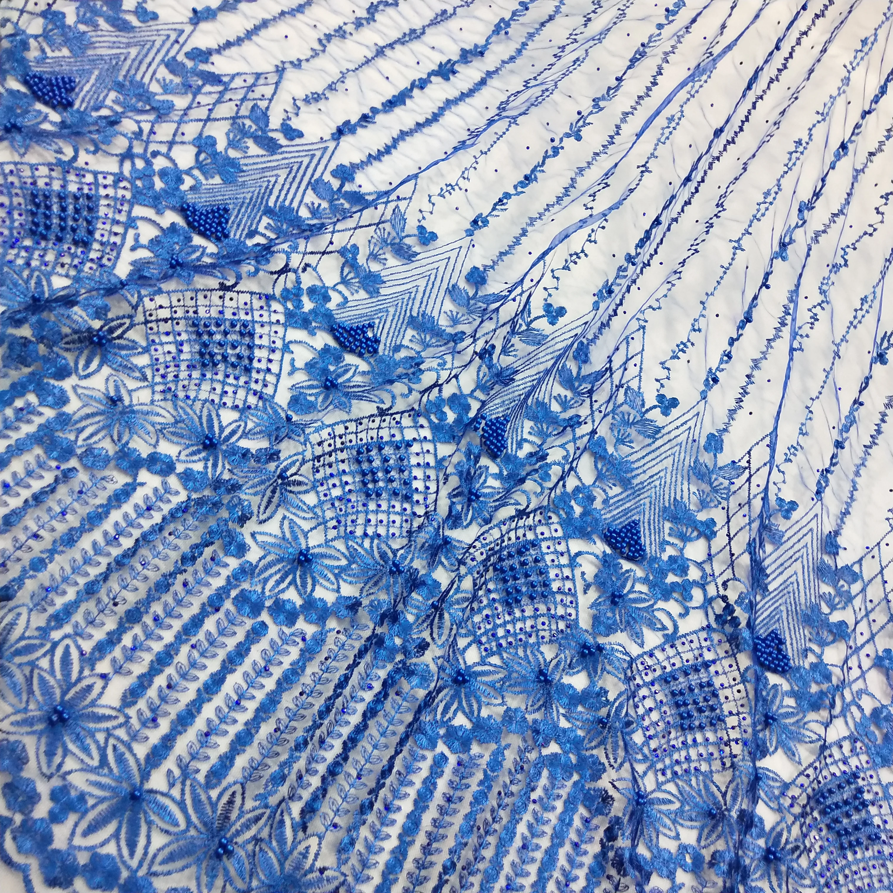 

Rhinestones Beaded Lace Fabric Embroidery Royal Blue Mesh Lace Fabrics Affordable African Lace Fabrics