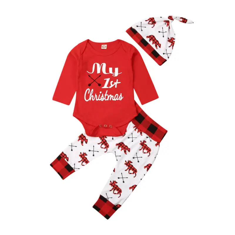 3pcs Cotton Baby Outfit Clothes Cute Christmas Newborn Sets Toddler First Xmas Cartoon Printed Romper Trousers Hat Baby's Set