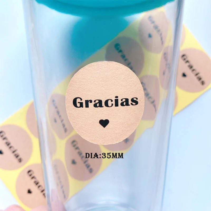 100 Stück „Gracias“-Aufkleber, spanische Dankes-Aufkleber, schwarzes Herz, DIY-Dekorationsaufkleber, weiß/Rindsleder/transparent, 3,5 cm. – Detail 8