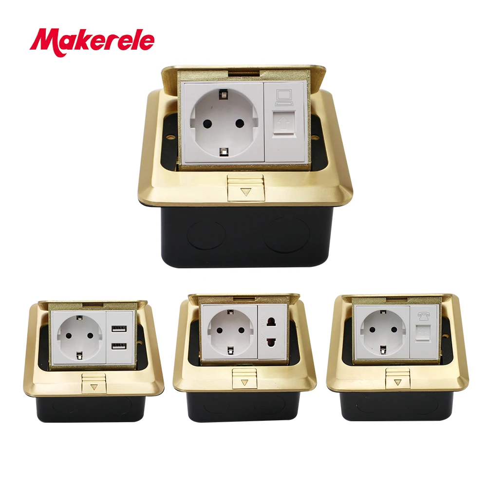 

Floor Socket EU Standard square shape Pop Up Outlet Box with rj45 net/phone/USB connector Copper alloy panel Makerele
