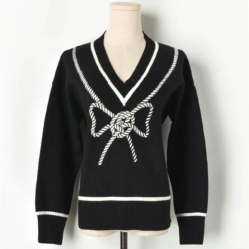 

Luxury Brand Designer Knitted Sweater for Women V Neck Black White Rope Bow Knitted Sweater Black White Pullover