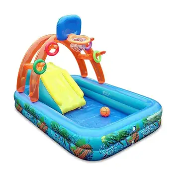 

Kids Inflatable Swimming Pool Children Home Paddling Inflatable Playing Square Pool with Basketball Hoop and Water Slide