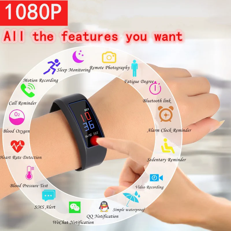 1080P Long Audio Recording HD Camera Color Touch Screen Voice Video Recorder Adult Fitness Tracker Watch Bracelet Smart Band