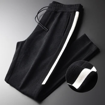 

Thick Mens Luxury Side Ribbon Tipping Slim Fit Male Pants Autumn And Winter Elastic Waist Black Velvet Man Trousers