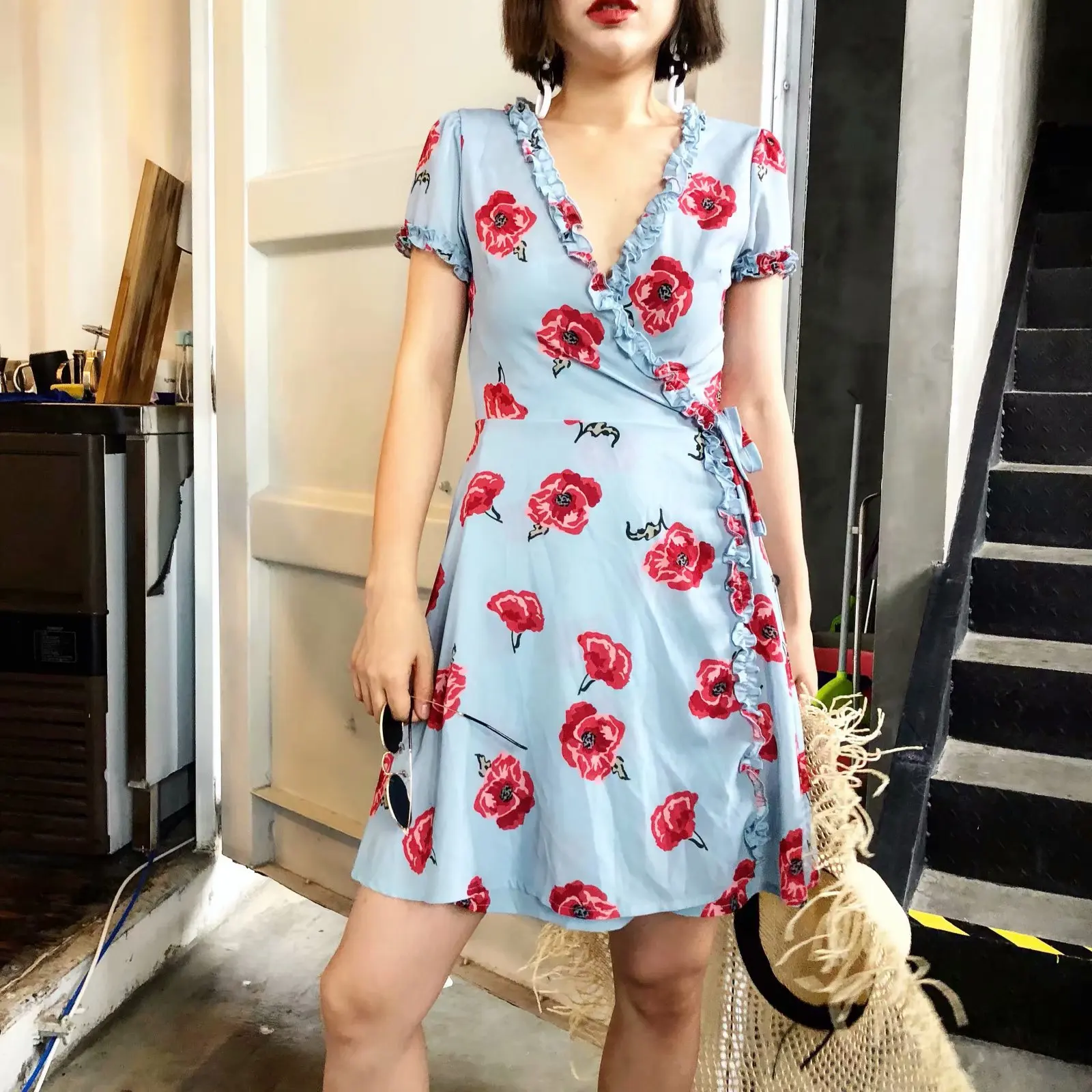 

Seaside Vacation Style New Style Skirt Versatile Slimming Frilled Lace-up Printed Wrap Short Dress J8295