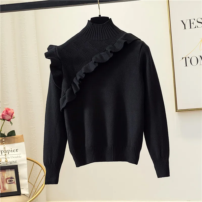 Long Sleeve Half Turtleneck Knitted Pullover Female Chic Jumper Office Lady Ruffles Solid Korean Elegant Women Sweater turtleneck sweater