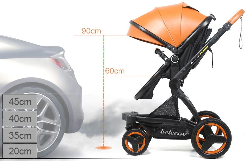 Belecoo high-grade luxury baby stroller with basket PU leather 3 in 1 folding infant pram