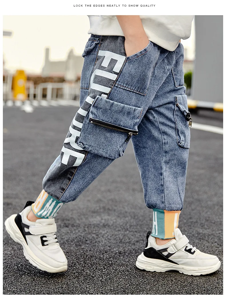 Джинсы для мальчиков в стиле рок Модные шаровары с карманами до колена эластичные повседневные джинсы до щиколотки брюки осенние Панталоны pour enfants