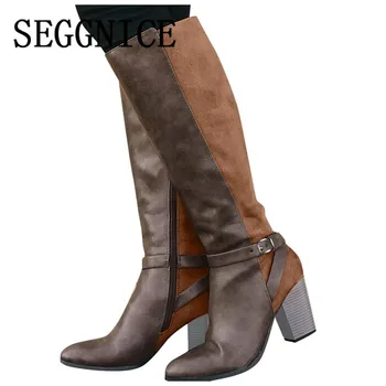 

Casual Leather Knee High Boots Women's 2019 Fashion Shoes Sexy Female Pointed Toe High Heels Boots Winter Knight Boots Plus Size