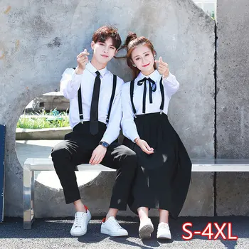 

Korean School Uniform Girls JK Navy Sailor Suit boy Japanese School Uniform Cotton White shirt +Straps Skirt for Summer autumn