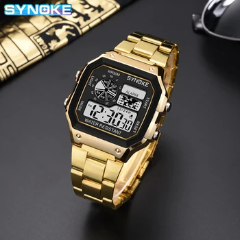 

SYNOKE Men Square Steel Band Electronic Watch Fashion Luminous Alarm Multifunctional Digital Waterproof Wristwatch Sports Watch