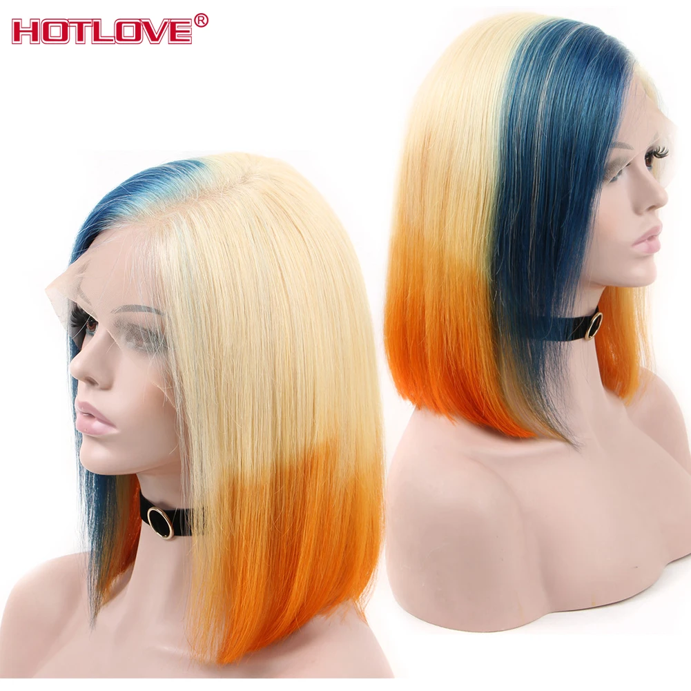 

13x4 Lace front Human Hair Wigs Brazilian Short Bob Colorful 613 blue Orange Mixed Lace Front Wigs Straight Hair Wigs Remy Hair