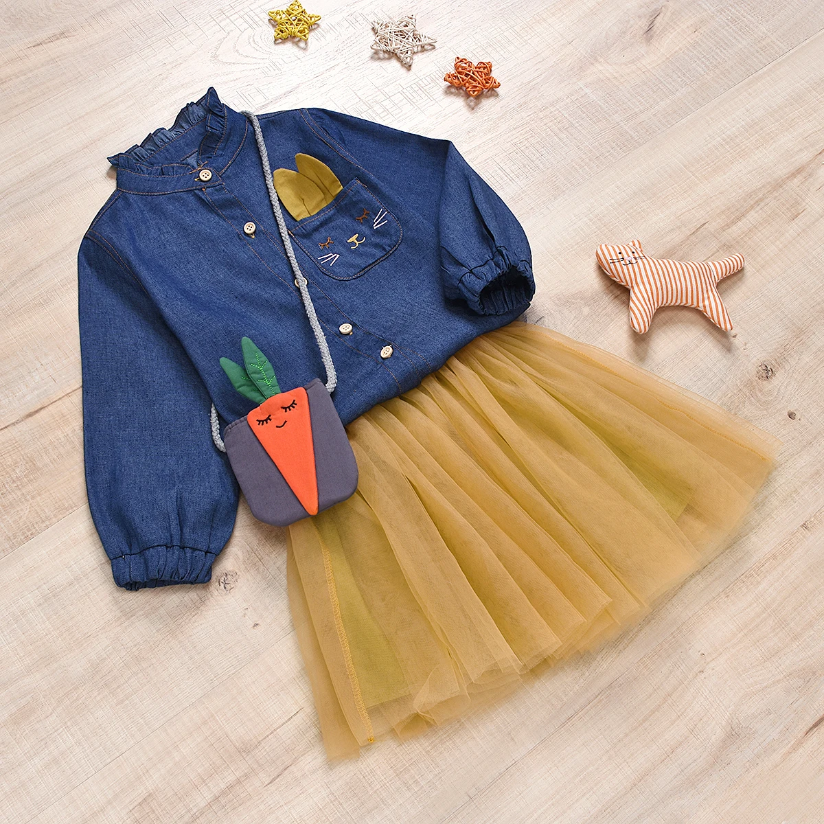 Little Girls Clothing Sets Denim shirt Tutu Skirt 2pcs Pink Princes Children Clothing For Girls Sets Rabbit Carrot Bag