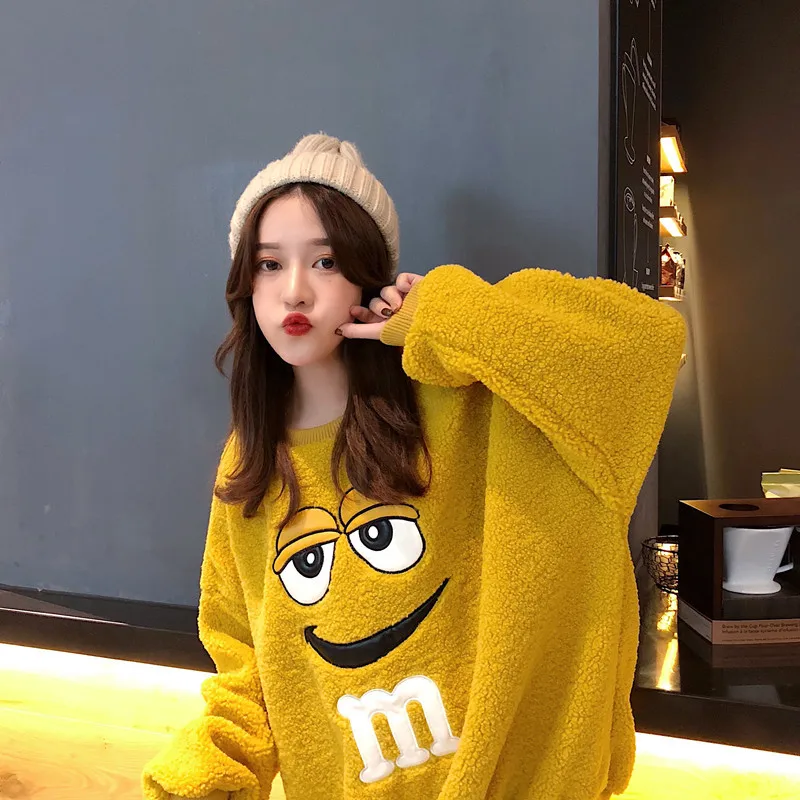 Cartoon Plush Hoodie New Style Women's Autumn And Winter Korean-style Loose-Fit Students Thick Embroidery Warm fang yang gao Swe