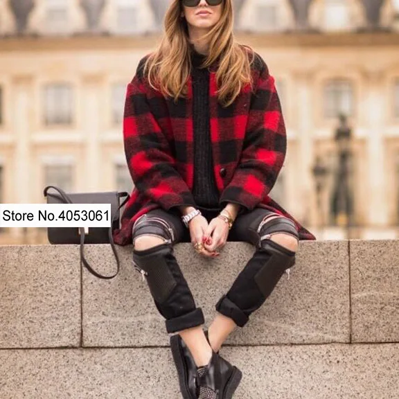 Women Wool Blend Contrast Plaid Woolen long Sleeve V Neck Coat - Fall Winter New Ladies Jacket Outerwear
