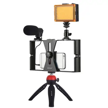 

4 in 1 Vlogging Live Broadcast LED Selfie Light Cell Phone Video Rig Kits with Microphone Tripod Mount Cold Shoe Tripod Head
