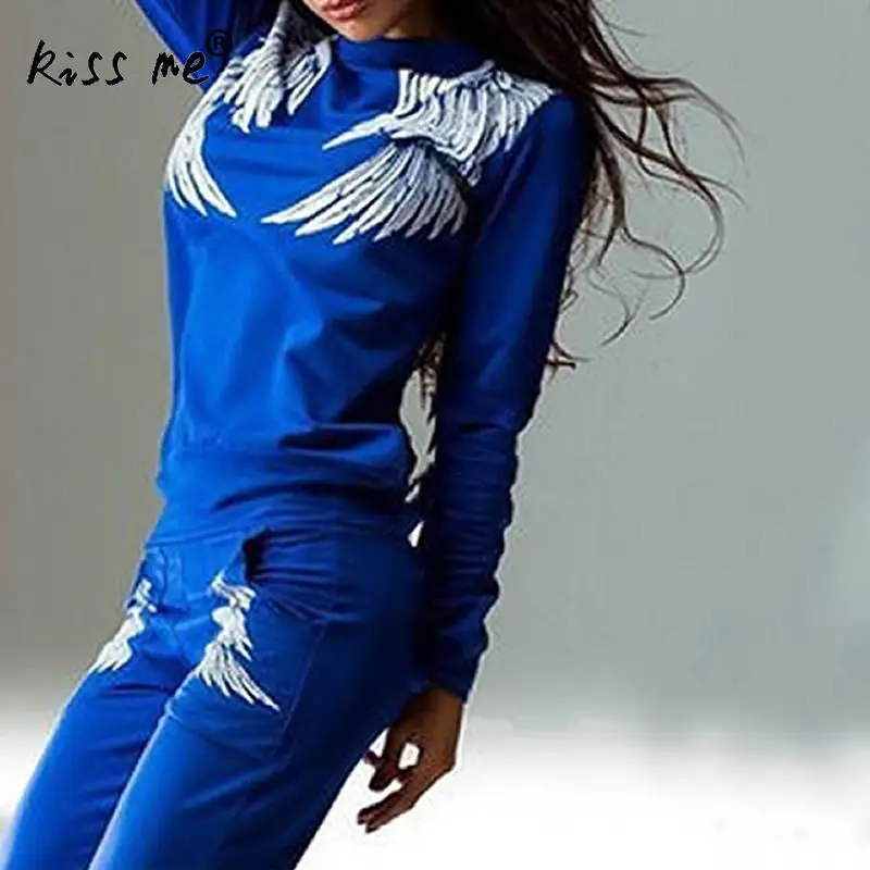 blue Хлопковый комплект для йоги, женская спортивная одежда с рисунком крыла Для Бега Спортзала фитнеса, леггинсы, спортивный костюм, открытая тренировка бега трусцой, костюм - Цвет: blue