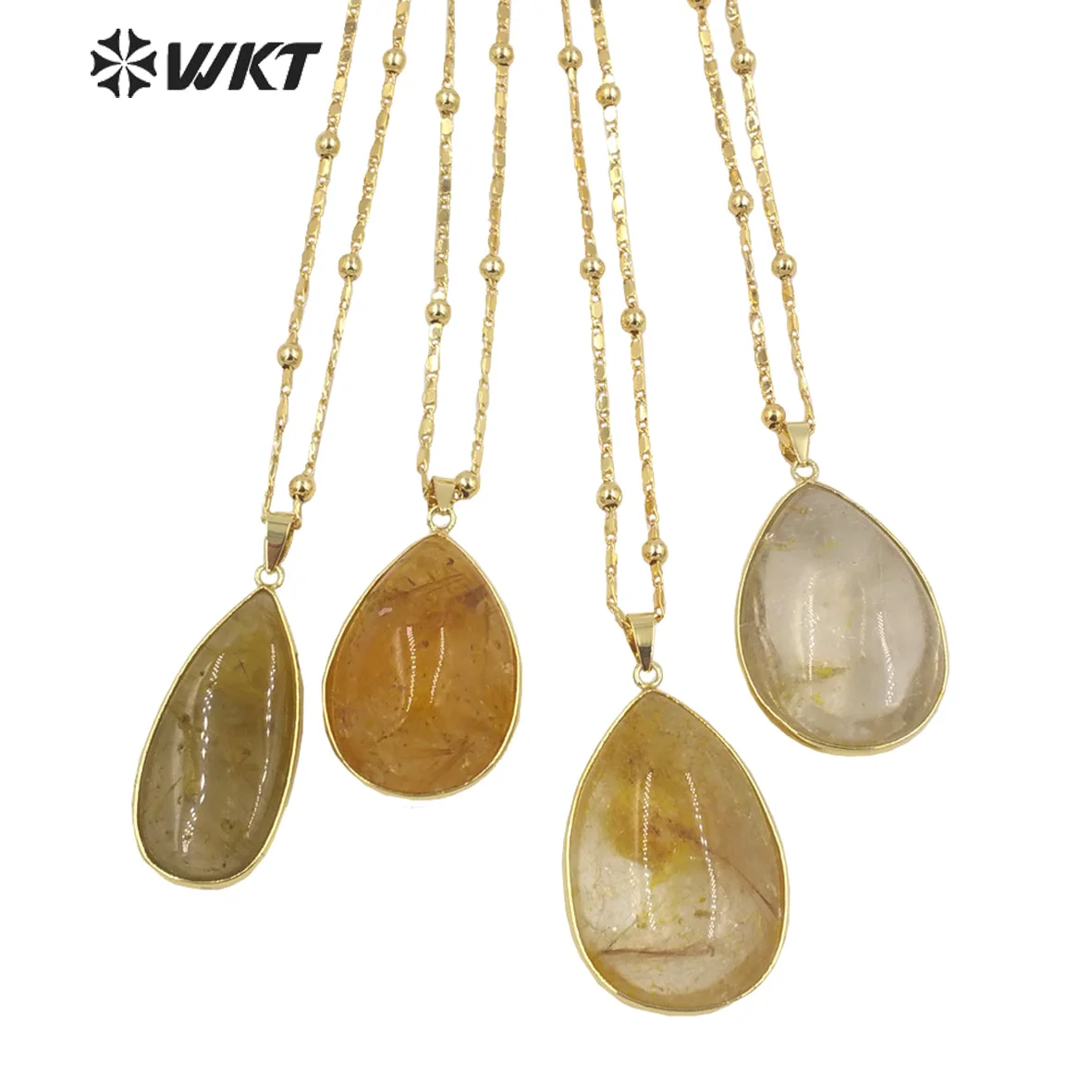 

WT-N1344 WKT Exquisite Natural Yellow Stone Necklace Gold Chain Oval Yellow Ruilated Pendant Lady Necklace Gifts Jewelry