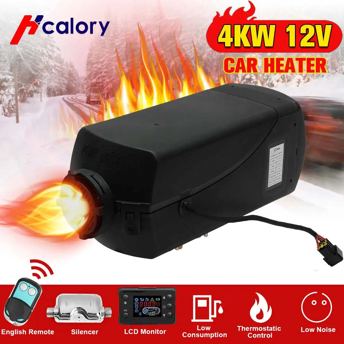 Black Hcalory обогревателя автомобиля 12V 4000W ЖК-дисплей монитор дизелей подогреватель топлива одно отверстие для лодки автобуса с пультом дистанционного управления Управление+ глушитель - Название цвета: Black