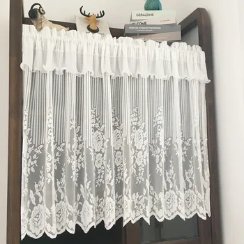 

Retro style Striped White Half Curtain Lace Embroidered Coffee Half Curtain For Bar Kitchen Door Christmas Decor Tulle Curtain