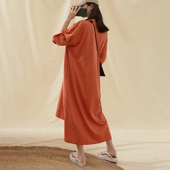 

[EWQ] Spring Summer 2020 Women Orange Vent Back Long Big Size Dress New Round Neck Half Sleeve Loose Fit Fashion Tide 1T601