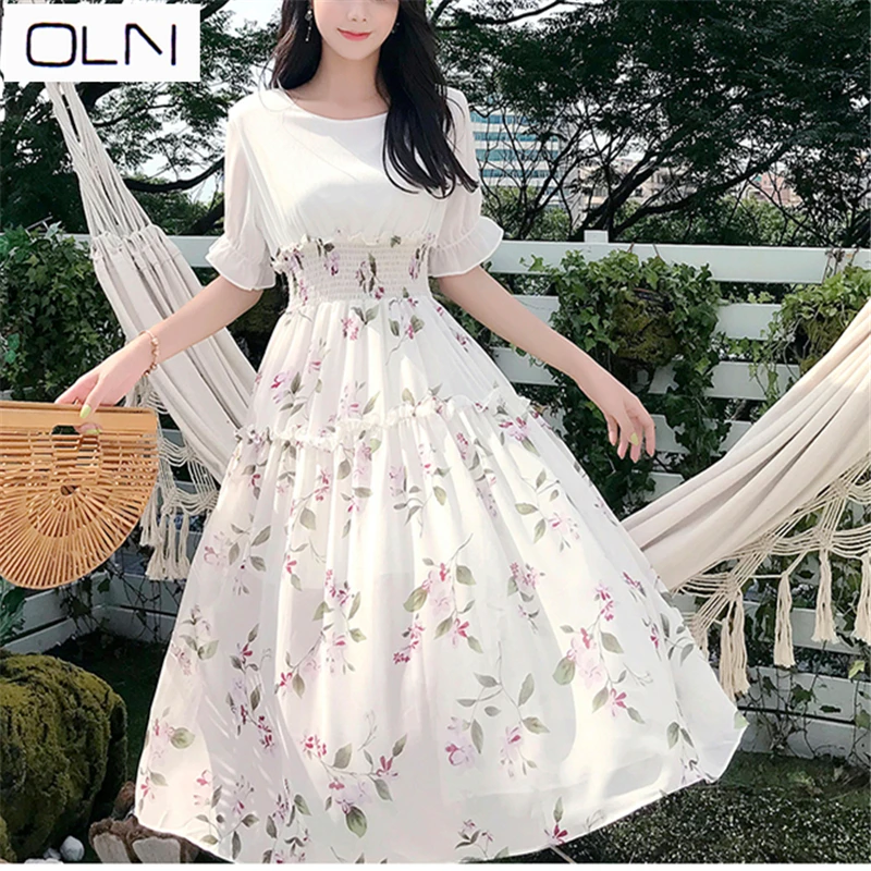 Платье oln Корея vestidos лето новая торговля, круглый вырез поддельные из двух частей шифоновый эластичный пояс Тонкий цветочный платье