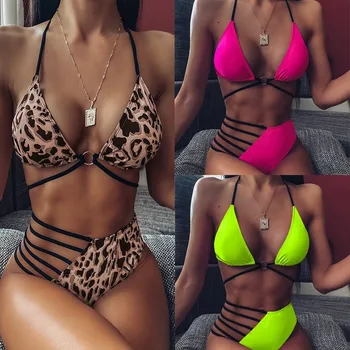 

Women Swimsuit Leopard Fluorescent Color Cutout Bandage Swimwear Female Sexy Push Up Bikini Set Bathing Suit Beachwear Biquini