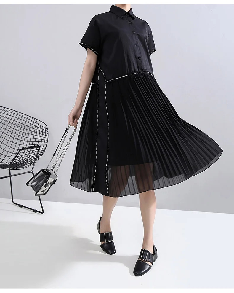 New Fashion Black Pleated Chiffon Hem Lapel Shirt Dress