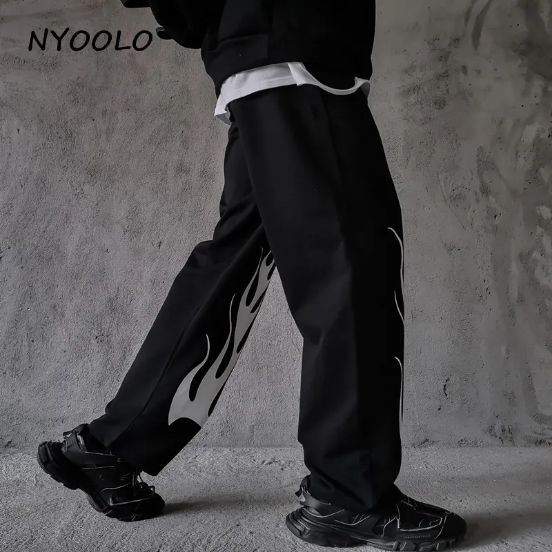 NYOOLO Harajuku стиль винтаж пламя печати jogger брюки осень уличная эластичная талия Полная длина Прямые брюки женские мужские