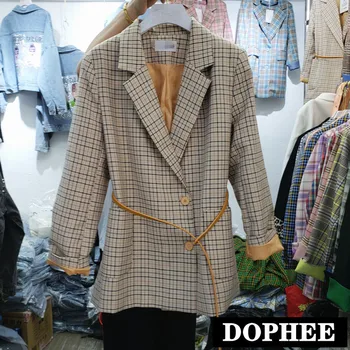 

Small Suit Coat Female British Wind Chic Autumn Women's Casual Plaid Blazer Suit Jacket Long Sleeve Outwear with Belt