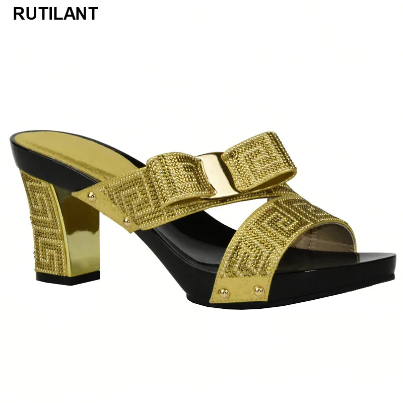 

Italian Ladies Shoe for Parties Rhinestoen Women Wedding Shoes High Quality Nigerian Shoes Gold Color High Low Wedding Lady Shoe