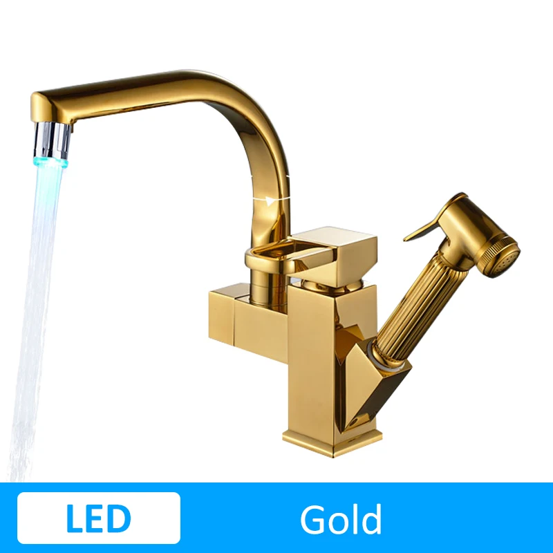 LED Gold Смеситель для кухни, смеситель горячей и холодной воды, кран, золотой, черный, хромированный, вытяжные краны, 360 вращение, латунные краны, двойной Носик, Torneira Cozinha - Цвет: LED Gold